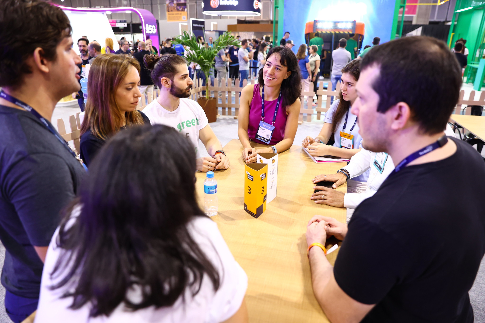 Mayra Cimet Dattoli, WE Ventures, and attendees at Mentor Hours during day two of Web Summit Rio 2023 at Riocentro in Rio de Janeiro, Brazil.