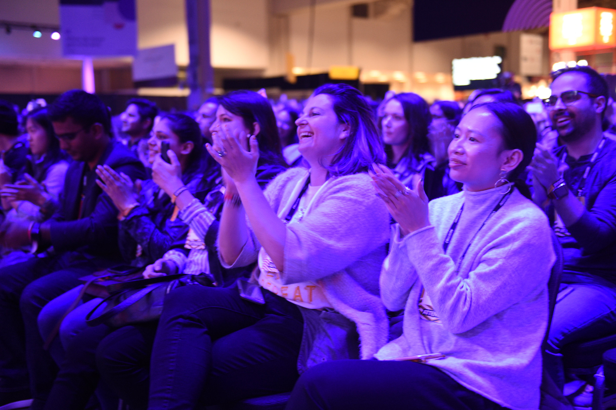 Attendees at centre stage during the opening night of Collision 2019 at Enercare Center in Toronto, Canada.