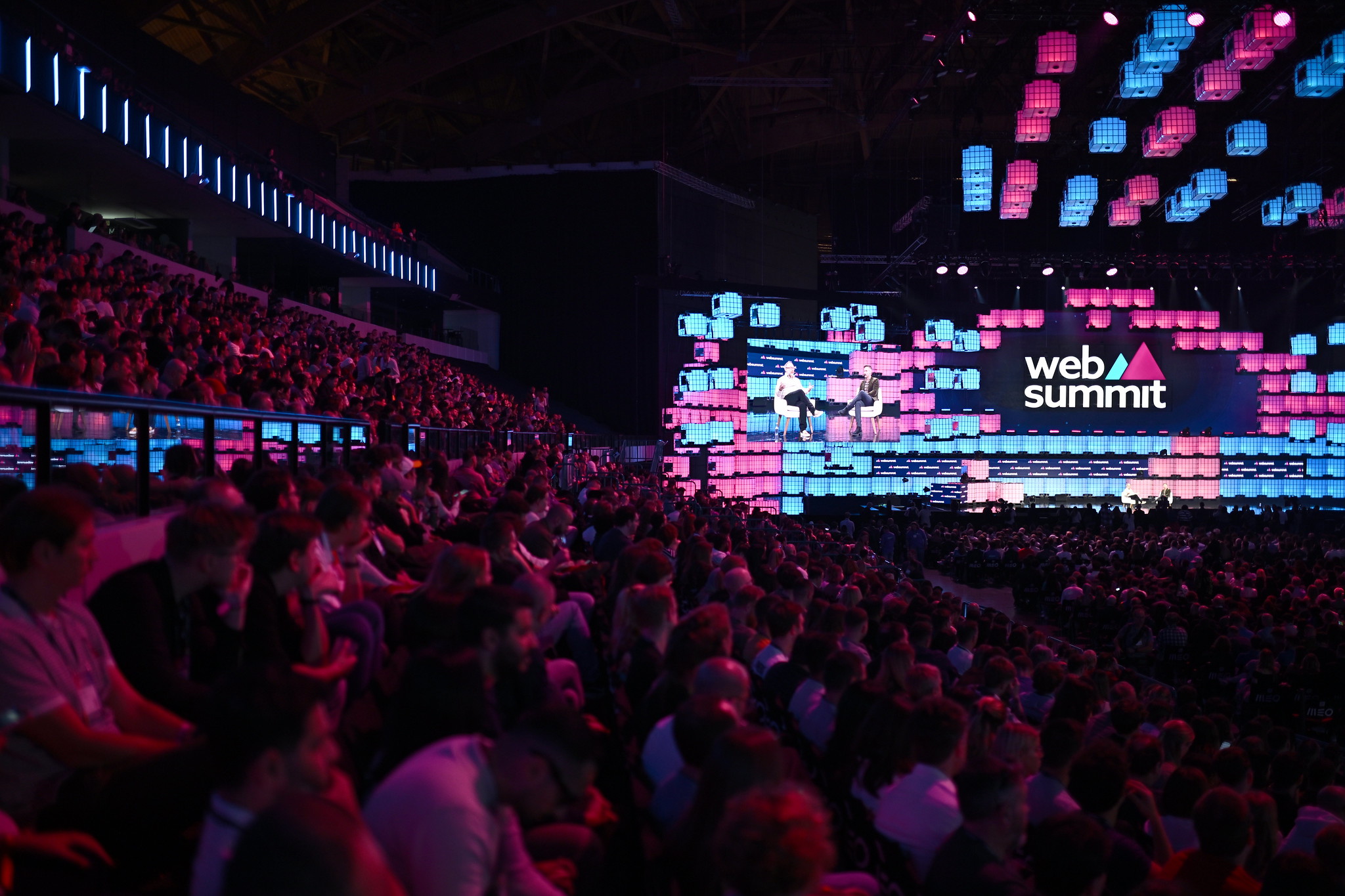 Jimmy Wales, Founder, Wikipedia, left, and Ryan Heath, Global Technology Correspondent, Axios, on Centre Stage during the opening night of Web Summit 2023