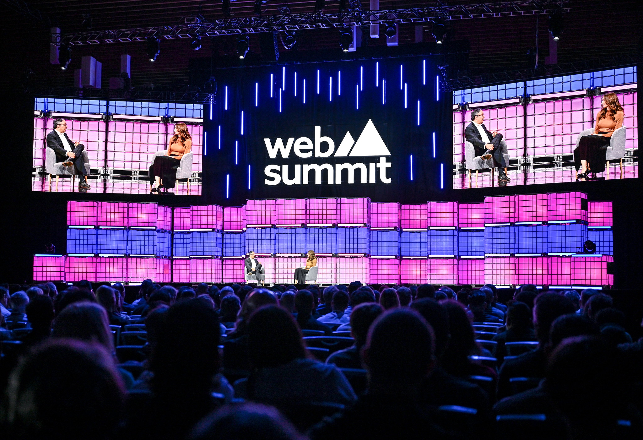 Gary Marcus, Professor, scientist, bestselling author, entrepreneur, and AI contrarian; Amy Nordrum, Executive Editor, MIT Technology Review, on centre stage during opening night at Web Summit Vancouver 2025
